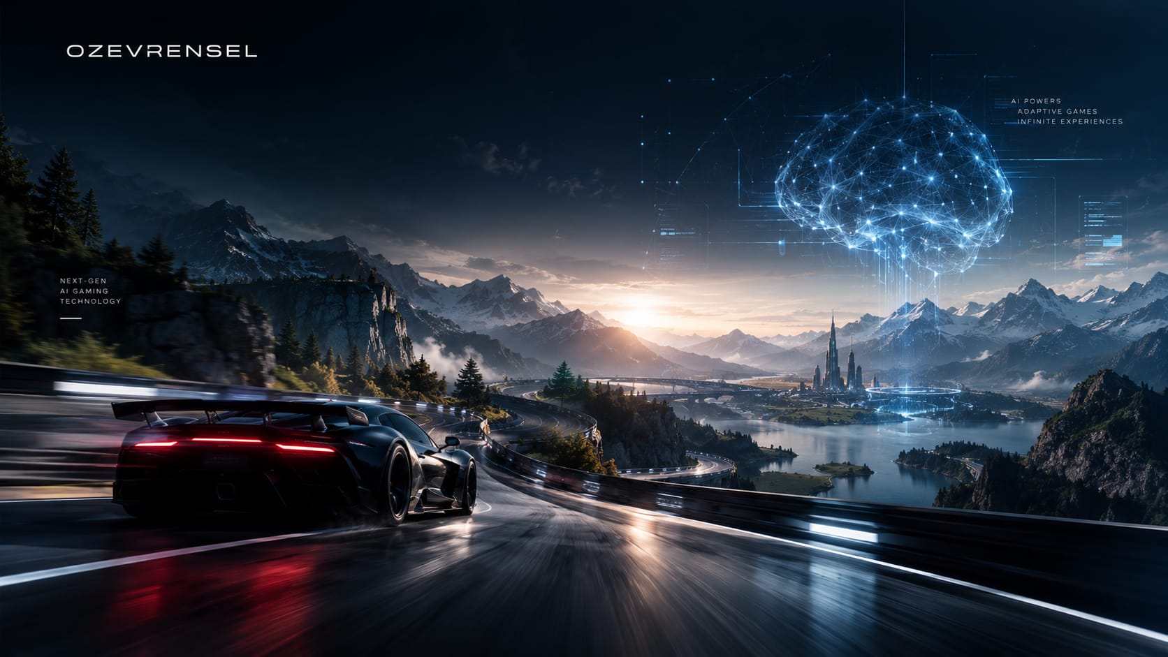 A race car speeding along a mountain road beneath a glowing AI brain hovering over a futuristic city in the valley.